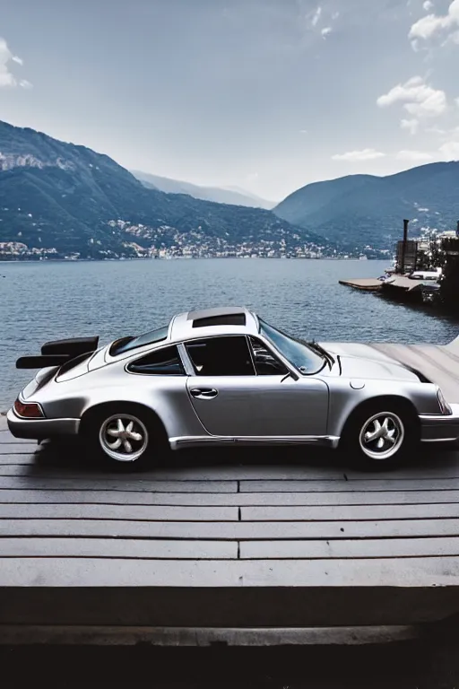 Prompt: Photo of a silver Porsche 911 Carrera 3.2 parked on a dock with Lake Como in the background, wide shot, rear view, daylight, dramatic lighting, award winning, highly detailed, 1980s, luxury lifestyle, fine art print, best selling.