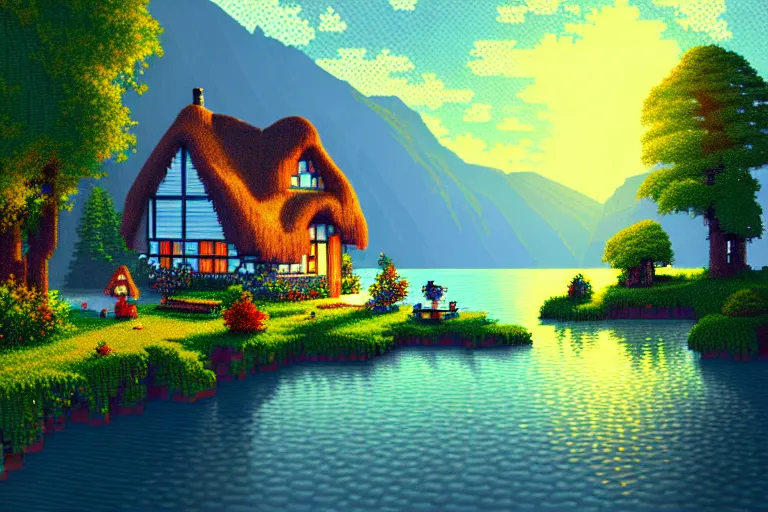 Image similar to view of a cottage above an azure lake, beautiful detailed pixelart by albertov, intricate details, beautiful, dithered gradients, volumetric lighting, cgsociety, artstation, 2 d