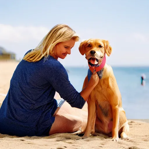 Image similar to blonde girl with a dog sitting by the beach