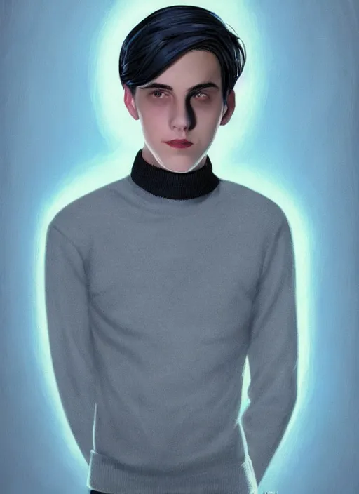 Image similar to portrait of teenage jughead jones wearing a light grey crown, crown, blue turtleneck, 1 9 5 0 s, closed eyes, photorealistic, black hair, glowing lighting, intricate, elegant, glowing lights, highly detailed, digital painting, artstation, concept art, smooth, sharp focus, illustration, art by wlop, mars ravelo and greg rutkowski