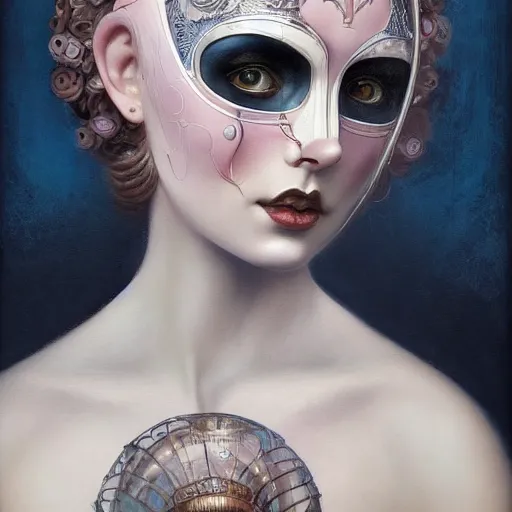 Image similar to tom bagshaw, soft painting of a curiosities carnival steampunk, porcelain beautiful young blessing tight mask in tight top bottom dress, perfectly detailed, symmetrical accurate intricate sensual features, highly detailed, artstation, sharp focus