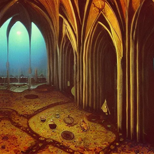 Image similar to detailed painting of interior room with celestial ephemeral ornaments and gothic architecture and blue hammock at far end, artstation, beksinski, cinematic