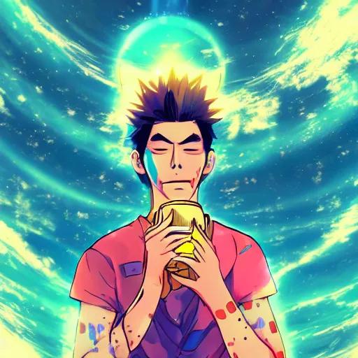 Image similar to A man drinking a cup of cosmic energy bright light by Masafumi Harada, 4k, digital art, surreal, anime style, space dandy style, highly detailed, godsend, artstation