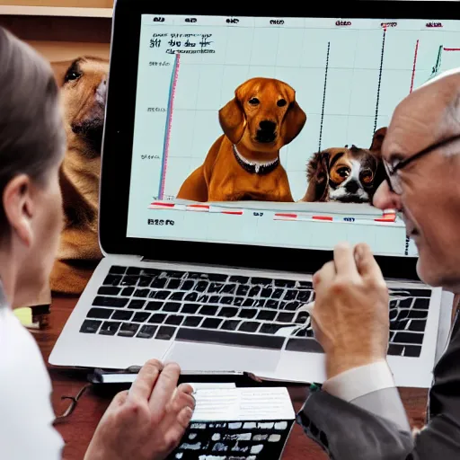 Image similar to dogs at business meeting looking at earnings charts