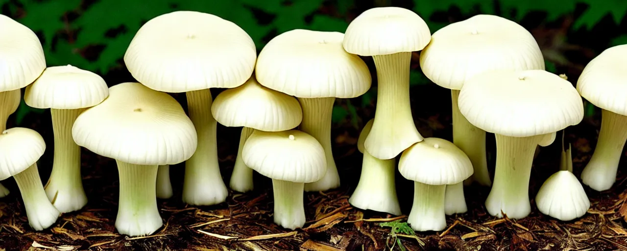 Image similar to king trumpet mushrooms, large thick cylindrical stem, small, flattened cap, ivory white stems, smooth caps are grey to brown and have rounded, curved edges, the stem and cap are joined by off - white thin short gills