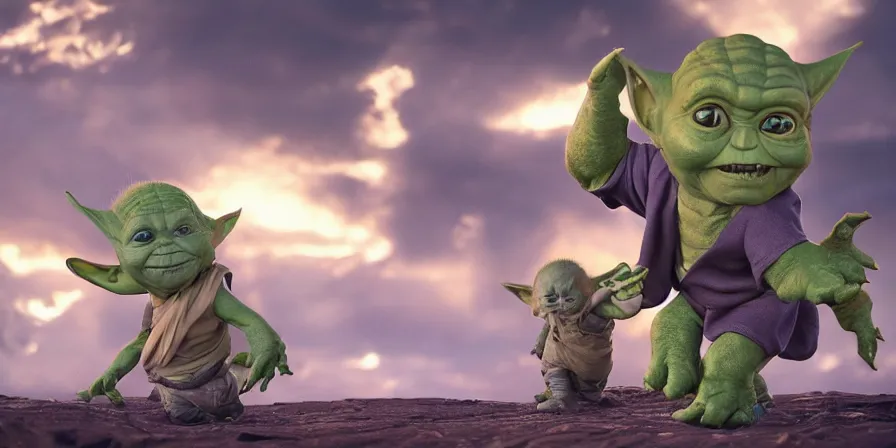 Prompt: wide angle view, photo of baby thanos and baby yoda play together, digital art, photorealistic, octane render, artstation, 8 k