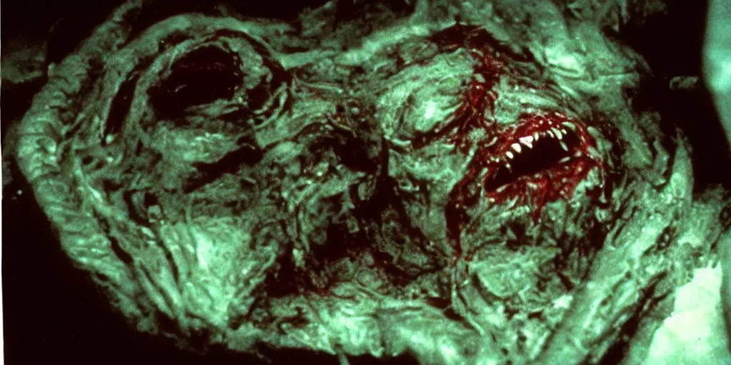 Image similar to filmic close up dutch angle movie still 35mm film color photograph of a detached snarling distorted deformed human head protruding out of a mutated abstract shape shifting organism made of human internal organs, disgusting dissected human tissue crawling on a lab floor like an arachnid, in the style of a horror film The Thing 1982