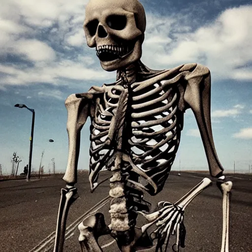 Image similar to realistic skeleton taking a selfie after the apocalypse