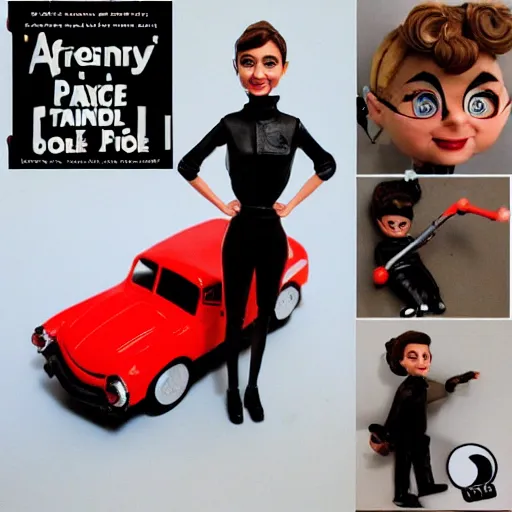 Image similar to audrey hepburn cos play car mechanic, stop motion vinyl action figure, plastic, toy, butcher billy style