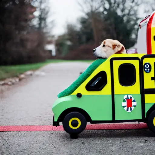 Image similar to a cute puppy wearing an ambulance costume, dog cosplay, ambulance, vehicle, Canon EOS R3, f/1.4, ISO 200, 1/160s, 8K, RAW, unedited, symmetrical balance, in-frame