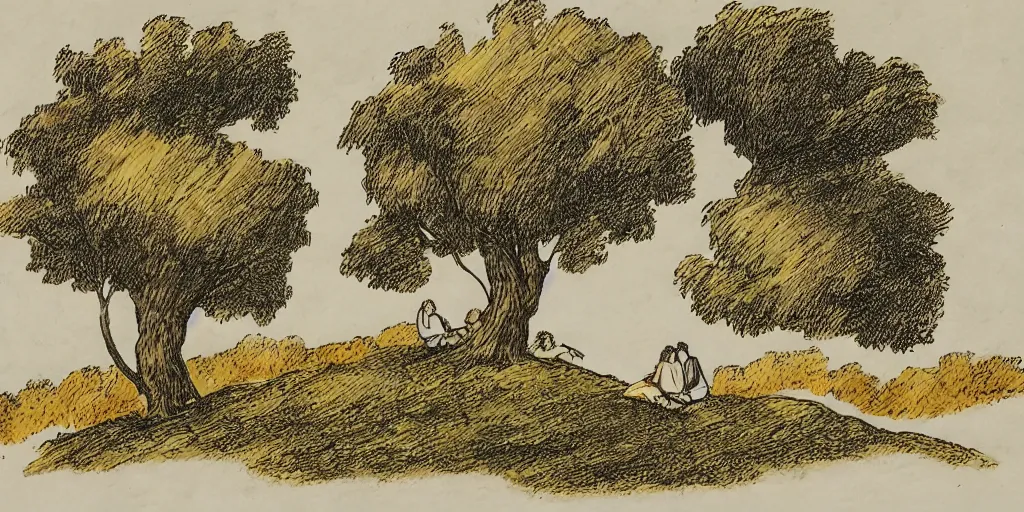 Image similar to a couple sits on a hill together as wind blows trees around, yellowed paper, pen and ink, 1 5 0 0 s, 8 k resolution