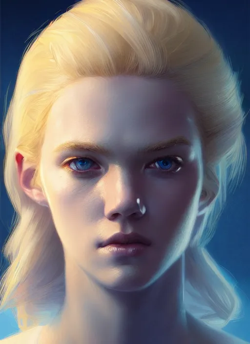 Image similar to portrait of casey cott with blonde hair, blonde hair, blue eyes, intricate, elegant, glowing lights, highly detailed, digital painting, artstation, concept art, smooth, sharp focus, illustration, art by wlop, mars ravelo and greg rutkowski