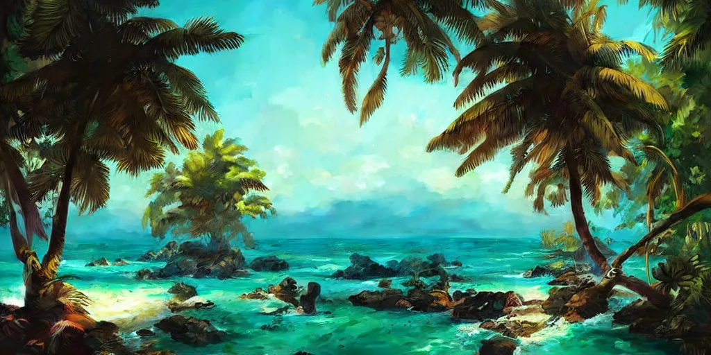 Image similar to Tropical paradise, digital painting, art by greg rutkowski, artgerm