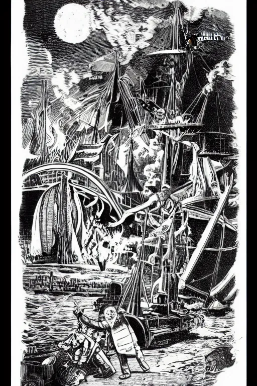 Prompt: 19th century wood-engraving of a whole page illustration from Jules Verne book titled Back to the Future, art by Édouard Riou Jules Férat and Henri de Montaut, high quality, beautiful, highly detailed, removed watermarks