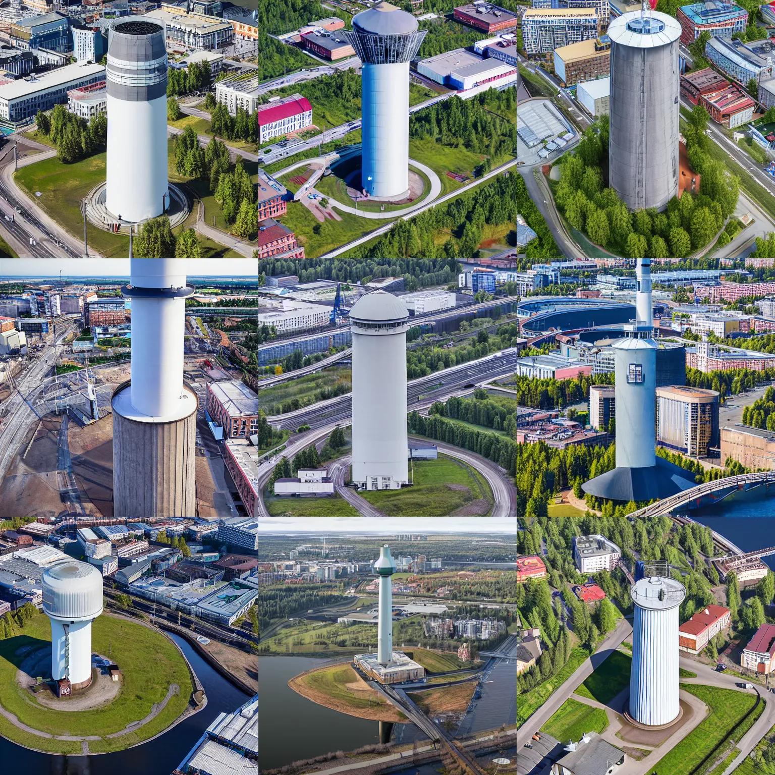 Prompt: myllypuro water tower, aerial photograph, helsinki, finland, realistic 2 0 2 2, detailed