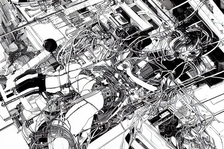 Image similar to an intricate, awe inspiring cyberpunk illustration of a female android body lying open on a labor floor, wires and cables coming out, by masamune shirow and katsuhiro otomo ((colorful))