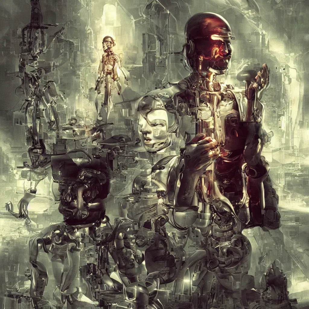 Image similar to Half cyborg half monk discovering enlightenment in a futuristic 2300