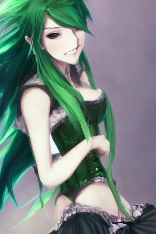 Image similar to anime girl with green hair wearing a corset, anime style, fantasy art, gorgeous face, digital drawing, by makoto shinkai, by wenjun lin