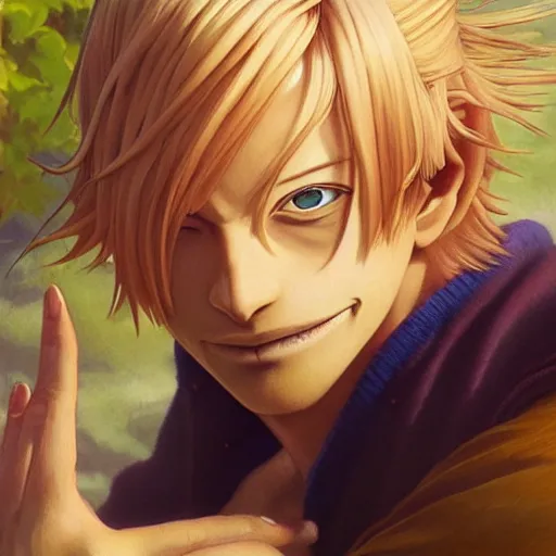 Image similar to highly detailed vfx portrait of serene sanji by eiichiro oda, blonde hair, stephen bliss, greg rutkowski, rhads, makoto shinkai, tom bagshaw, alphonse mucha, sharp focus, art by artgerm, greg rutkowski, stanley kubrick, backlit, harsh overhead sunlight, matte, johannes vermeer,