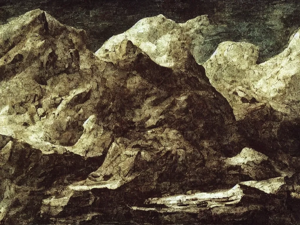 Prompt: dream bot mothership crashed into the icy mountains, wind sculpted boulder. painting by leonardo da vinci