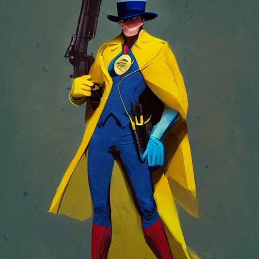 Prompt: superhero with tophat and a rifle in blue and yellow clothes, digital art, trending on artstation, by greg rutkowski