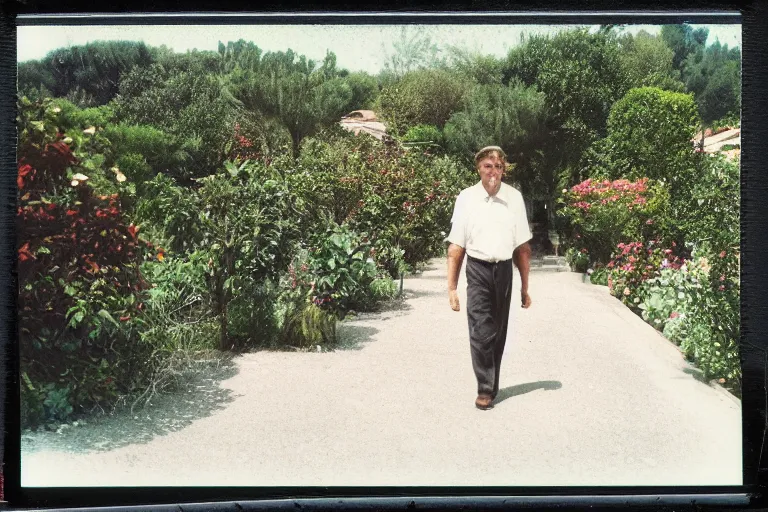 Prompt: a polaroid photo south of france 2001 by Elbridge Ayer Burbank flickr a handsome tall man walking down a sidewalk next to a garden photo taken with fujifilm superia garden gardens horticultural photo taken with ektachrome photo taken with provia