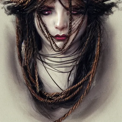 Image similar to portrait of a Shibari rope wrapped face and neck, headshot, insanely nice professional hair style, dramatic hair color, digital painting, of a old 13th century, traveler, amber jewels, baroque, ornate clothing, scifi, realistic, hyperdetailed, chiaroscuro, concept art, art by Franz Hals and Jon Foster and Ayami Kojima and Amano and Karol Bak,