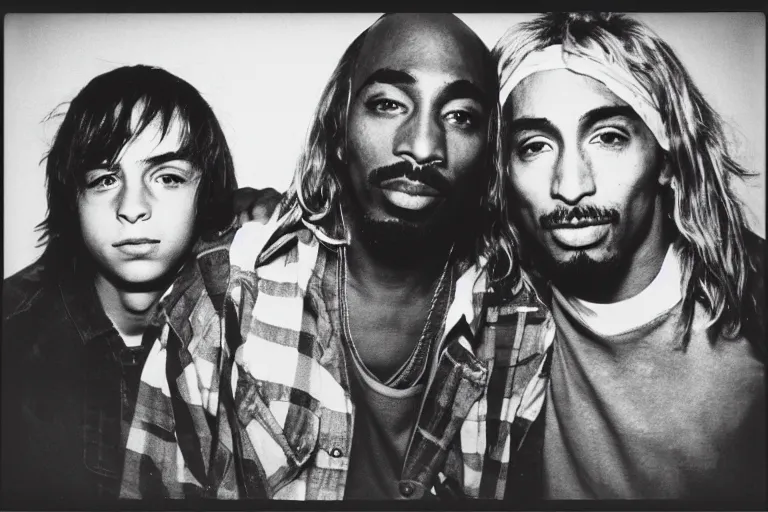 Image similar to Polaroid photograph of Kurt Cobain and Tupac Shakur, XF IQ4, 150MP, 50mm, F1.4, ISO 200, 1/160s, natural light, Adobe Lightroom, photolab, Affinity Photo, PhotoDirector 365,