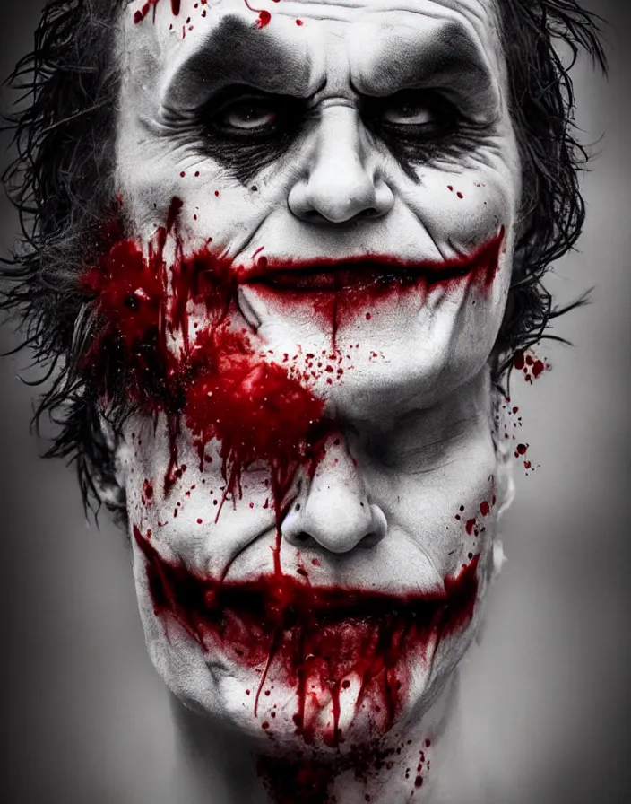 Image similar to a really creepy photography of joker, hyper realistic, ultra detailed, portrait photo, black background, horror, blood