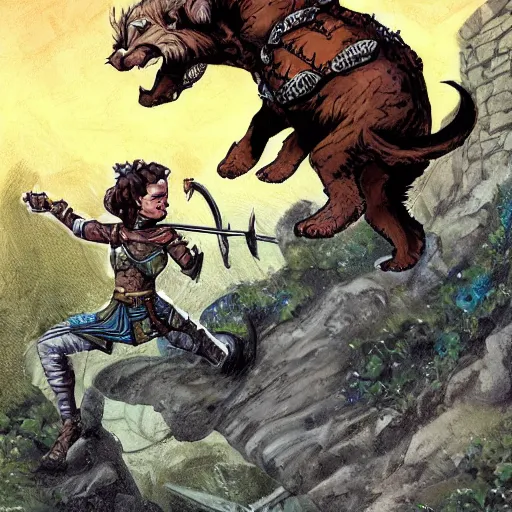 Image similar to D&D art of a female halfling rogue with hairy feet, riding on top of a panther through waterdeep, sunny afternoon, in the style of Storm comics