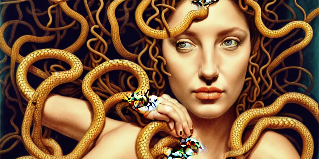 Prompt: realistic portrait of beautiful medusa with her snakes, golden, facing the camera, delicate, hyper realism, 1 4 5 0, ink, ultra realistic, 8 k