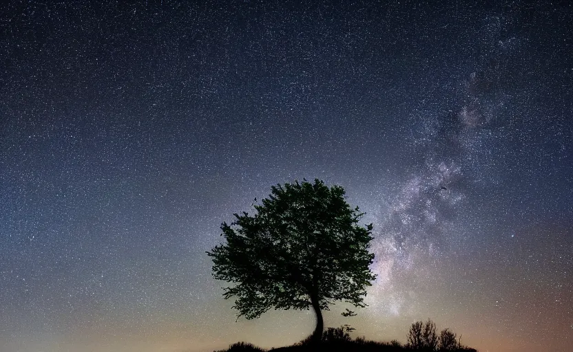 Prompt: night timelapse photography of many stars with a tree in foreground