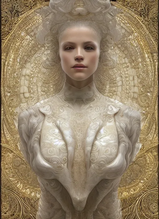 Image similar to marble sculpture of beautiful woman, mandelbulb, hypercube, ivory carving, fractal paisley inlay, lace, intricate, elegant, highly detailed, gold inlay, metallic, ivory, artgerm, lace, by ruan jia, greg rutkowski, mucha, zbrush, nick alm