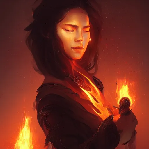 Image similar to a beautiful portrait of a fire goddess with closed eyes by greg rutkowski and raymond swanland, trending on artstation, flaming background, ultra realistic digital art