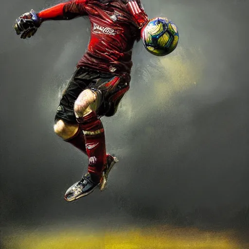 Image similar to A realistic hyperdetailed multi-colored digital oil full body portrait painting of a fat goal keeper jumping saving a shot, black jersey, short hair, in the style of Guy Denning, Ruan Jia, and Craig Mullins. Trending on ArtStation and DeviantArt. CGSociety Digital art.