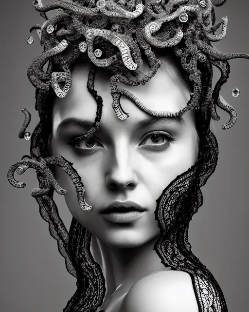 Image similar to surreal mythical dreamy artistic black and white fine art photo of a beautiful young female queen - medusa - cyborg covered with lace fish scales and translucent algae, highly detailed, intricate crystal ivy lace jelly fish scales ornate, poetic, octane render, 8 k, photo - realistic