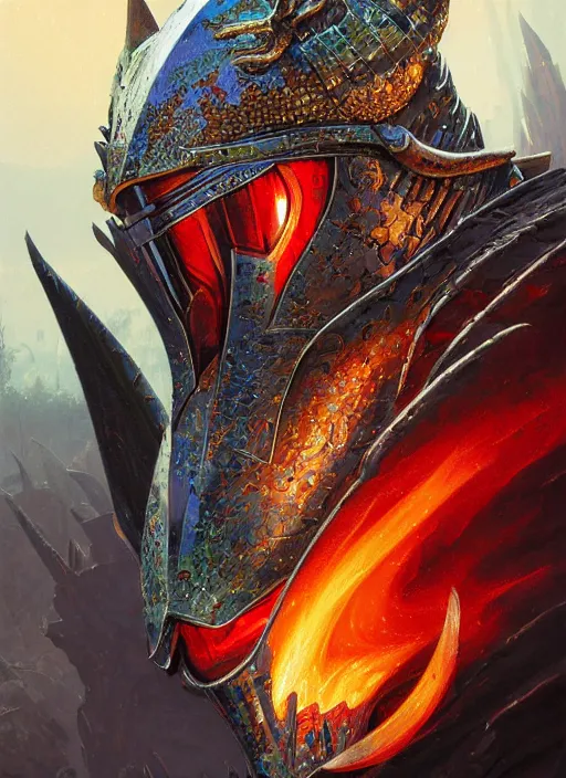 Image similar to highly detailed portrait of knight's helmet reflecting red dragon reflection detailed, 8 k blocking flames fire, green eyes, fantasy art by by simon bisley, loish, rhads, ferdinand knab, makoto shinkai and lois van baarle, ilya kuvshinov, rossdraws, tom bagshaw, global illumination, radiant light, detailed and intricate environment