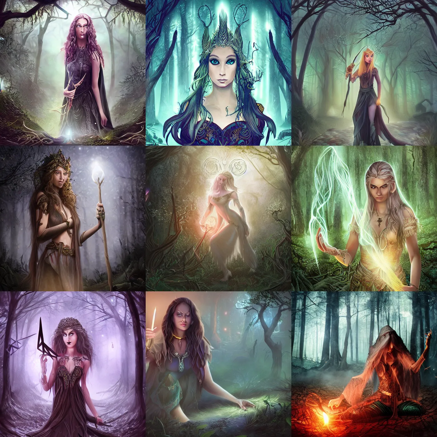 Prompt: elven woman casting a powerful spell in a dark forest at night, faraway view, magic runes, high quality digital art, intricate, detailed