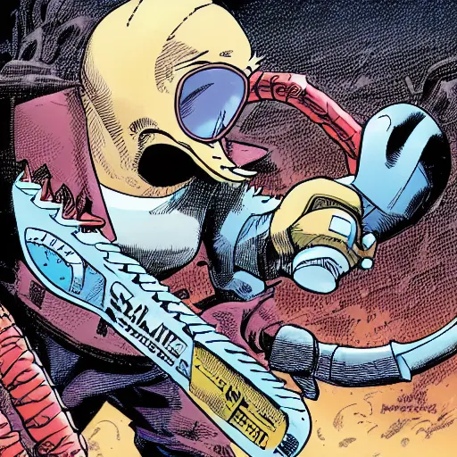 Image similar to armadillo with chainsaws fighting mr. freeze, comic book style