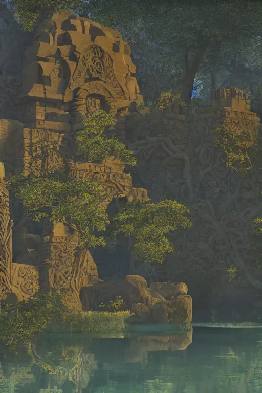 Prompt: ancient stone temple by a lake | by Edmund Dulac and Maxfield Parrish and Nicholas Roerich | ornate carved stone | climbing vines| rich color | dramatic cinematic lighting | golden hour| featured on Artstation | cgsociety | unreal engine