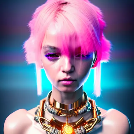 Image similar to hyperdetailed portrait of a stunningly beautiful pink cyberpunk cute european girl made of metals and shiny iridescent gems, bright rainbow nimbus, gold necklace, smoke background inspired by ross tran and masamune shirow and kuvshinov, intricate, photorealistic, octane render, rtx, hdr, unreal engine, dnd digital art by artgerm