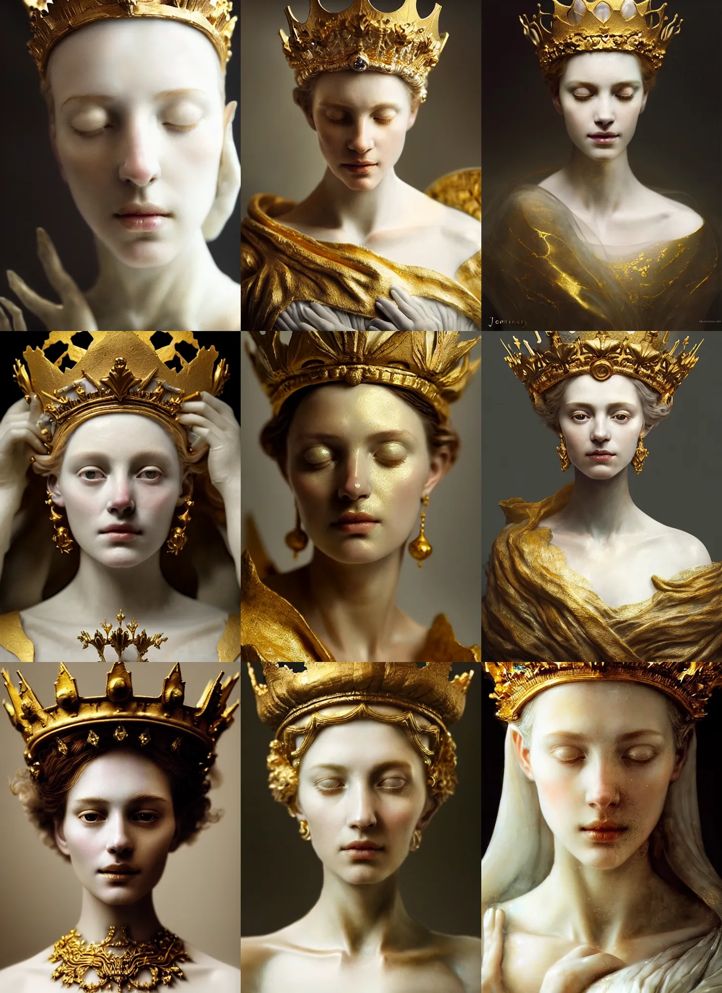 Prompt: beautiful closeup portrait of a ethereal lady with a gold crown, marble sculpture by greg rutkowski, josan gonzalez, rodin, michelangelo, cinematography by christopher nolan, imaginative, creative, emotion : madness