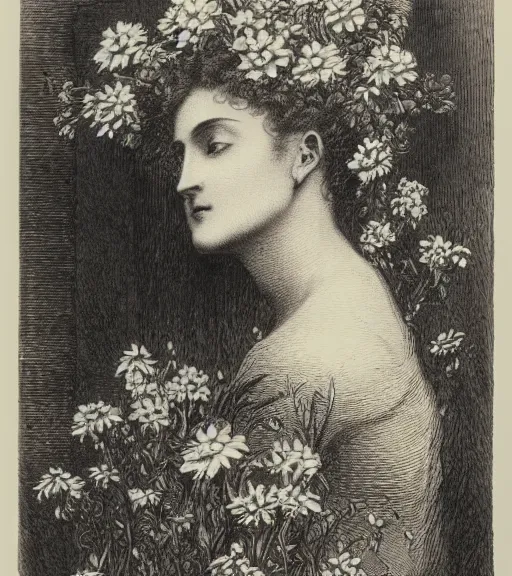 Image similar to black and white, close-up woman eyes in flowers, Gustave Dore lithography