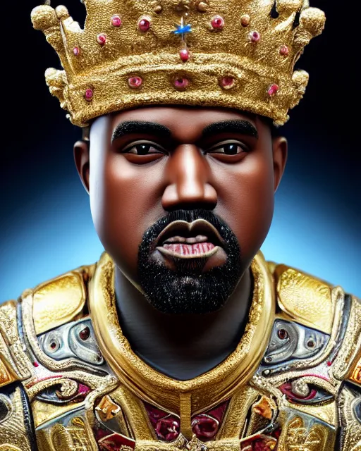 Prompt: highly detailed closeup, face profile portrait of a tin toy kanye west as a fairytale king wearing a crown and sitting on a throne, robes, depth of field, nicoletta ceccoli, mark ryden, lostfish, max fleischer, breathtaking, detailed and intricate environment, 8 k resolution, hyperrealistic, octane render