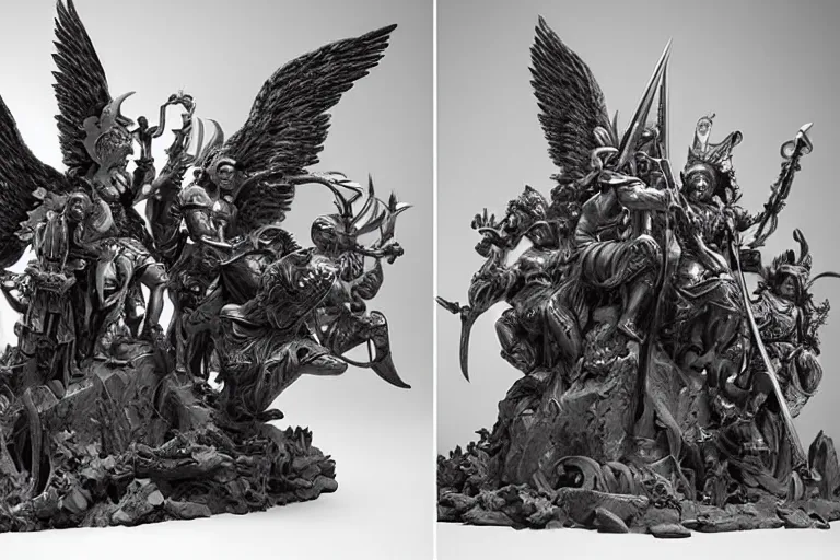 Image similar to an intricate 3d sculpture of the battle for good and evil with angels and demons by kris kuksi