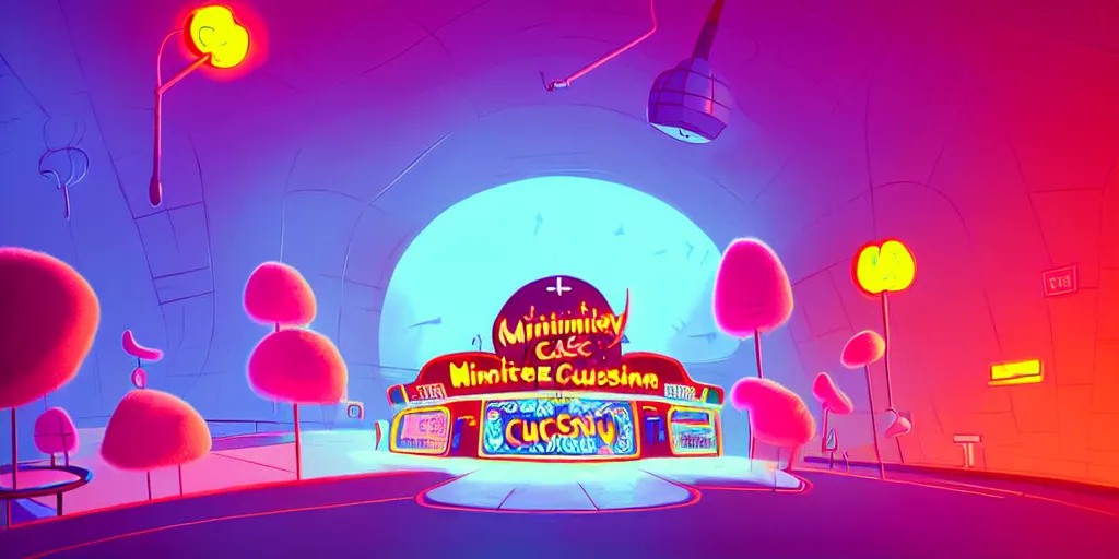Image similar to minimalistic extreme wide angle curved perspective digital art of chubby cotton candy indoor casino with a stage by anton fadeev from nightmare before christmas