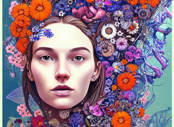 Prompt: a painting of a beautiful cyborg girl with a lot of flowers and blueberries and exotic plants on its head, poster art by android jones, behance contest winner, generative line art, made of flowers, grotesque, concert poster