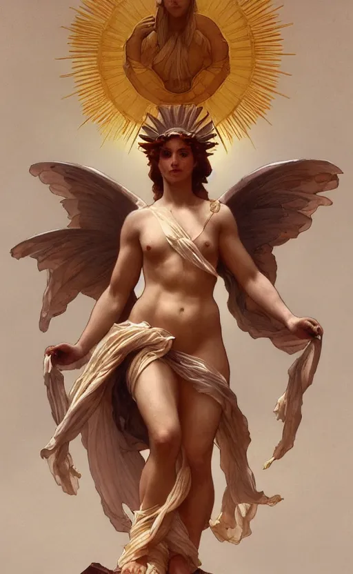 Image similar to illustration of the four armed statue of the goddess of the sun helios descending from olympus, artstation, concept art, smooth, sharp focus, illustration, art by artgerm and greg rutkowski and alphonse mucha and william adolphe bouguereau and john william waterhouse