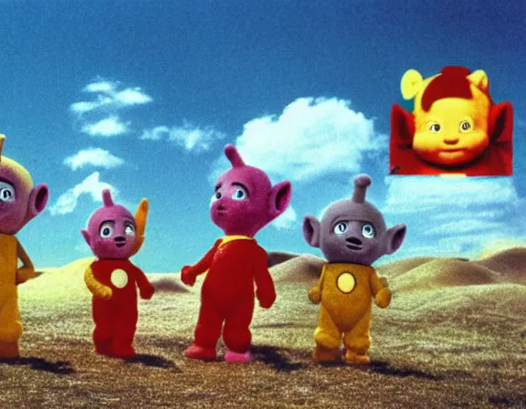 Image similar to teletubbies in mad max, film still, screenshot, desert, cinematic