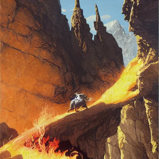 Prompt: Highly detailed oil painting of Gandalf fighting a Fire Dachshund on a narrow rock bridge, underground, intricate artwork by Angus McBride, John Howe, Matthew Stewart, Ted Nasmith, heroic fantasy